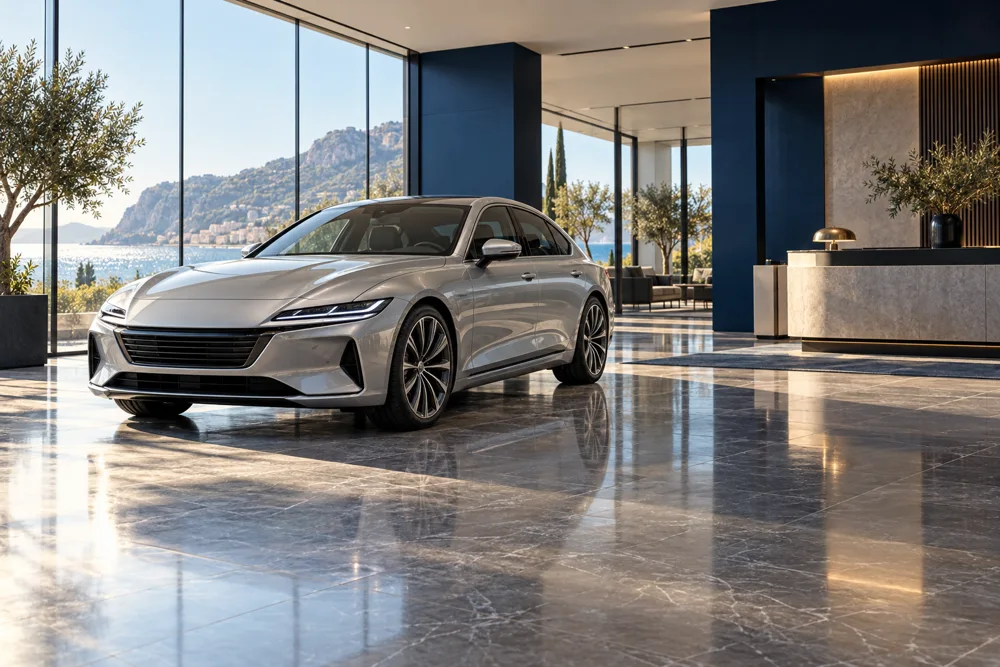 Illustrative contemporary automotive showroom