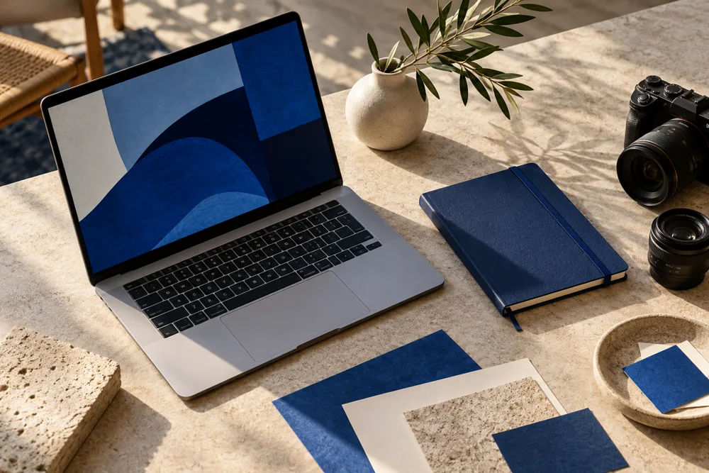 Illustrative creative workbench with branding materials