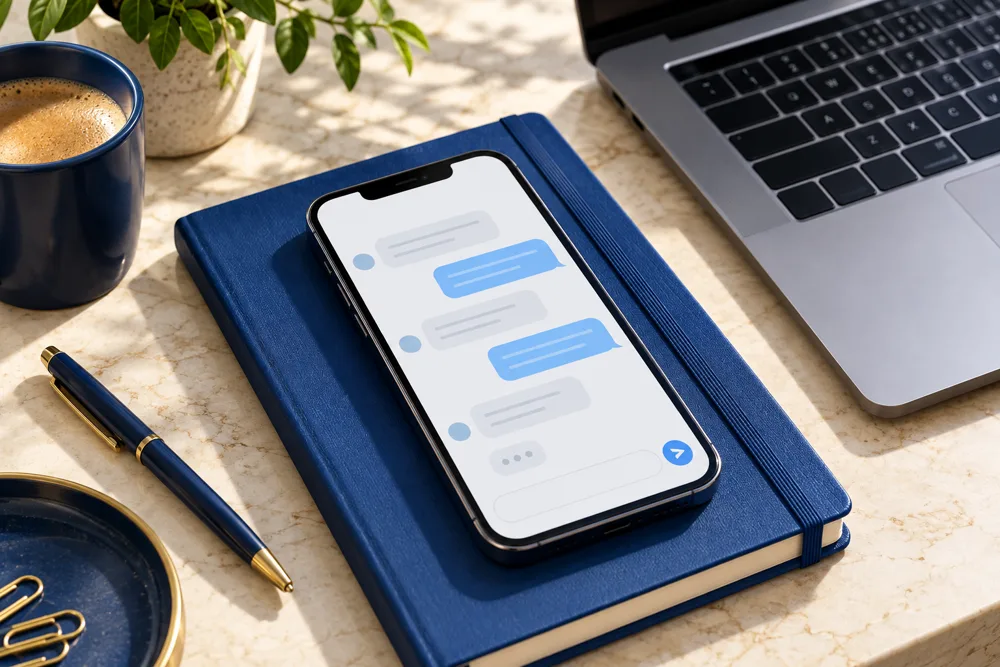 Illustrative smartphone and business messaging workspace