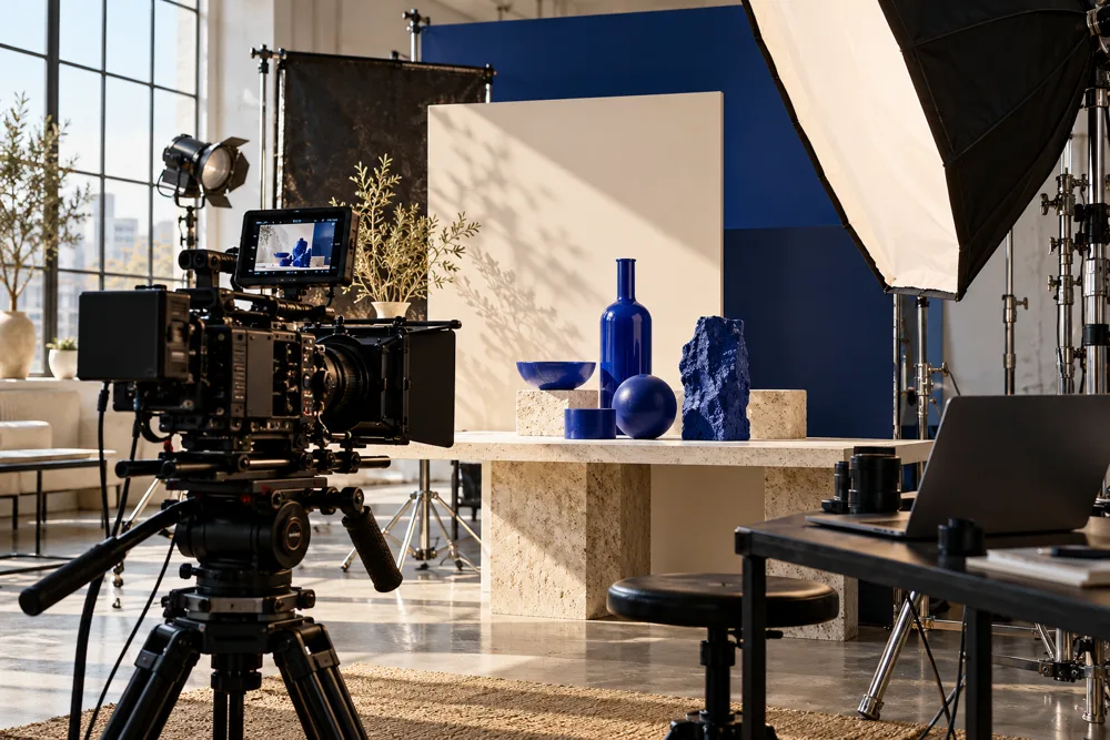 Illustrative video production studio and camera equipment